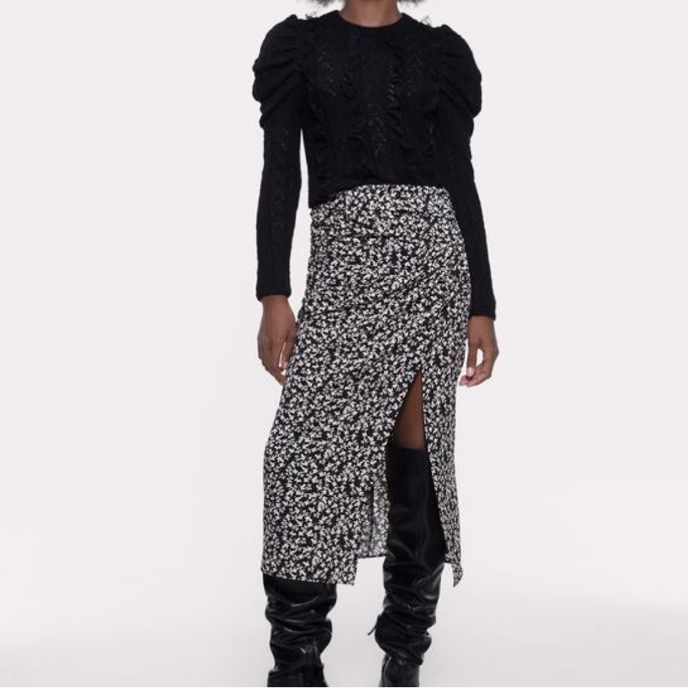 Draped floral print midi skirt